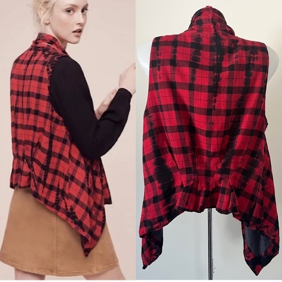 Anthropologie Elevenses Roxanne Vest Flannel Red Black Buffalo Plaid Check Sz S - Picture 3 of 16